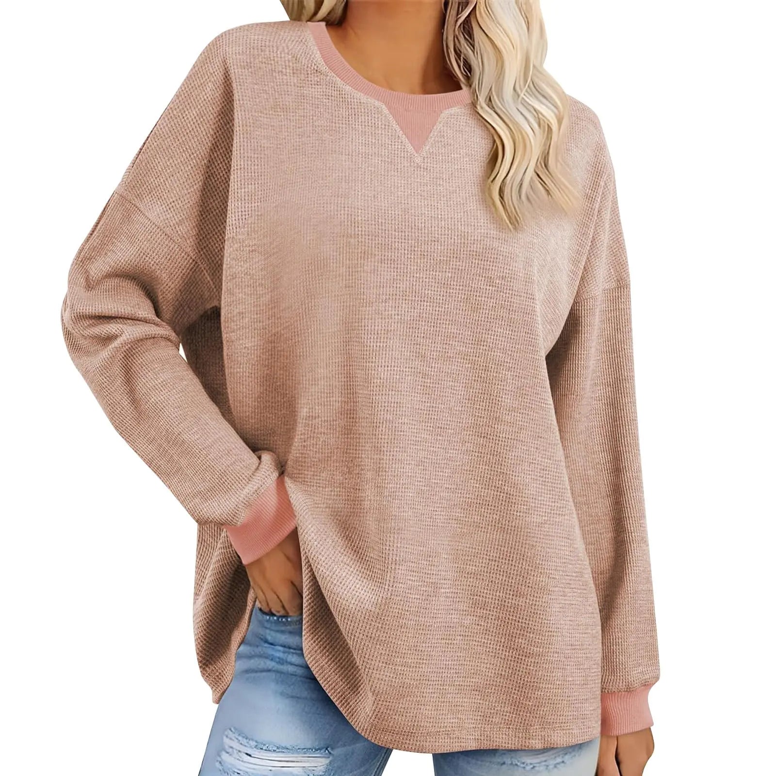 Generic Prime Sweatshirts for Women Fall Fashion Oversized Sweatshirts 2024 Casual Round Neck Long Sleeve Knit Tops Pullover Pink XX-Large