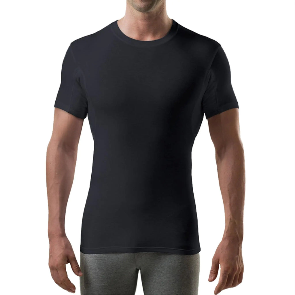 Mens Sweatproof Undershirt | Crew Neck T-Shirt with Underarm Sweat Pads | Slim Fit | Aluminum-Free Alternative | Black | X-Small